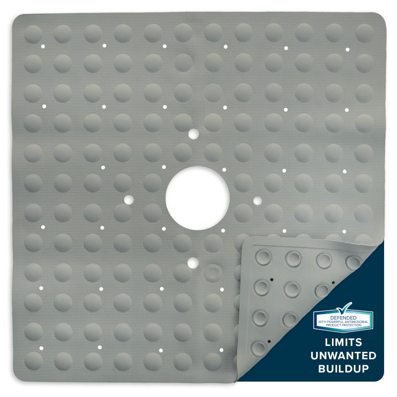 SlipX Solutions Square Natural Rubber Shower Stall Mat, 21â€ x 21â€, Non Slip Safety, Built-in Product Protection, 140 Power Grip Suction Cups, Center Drain Hole, Gray - Image 1